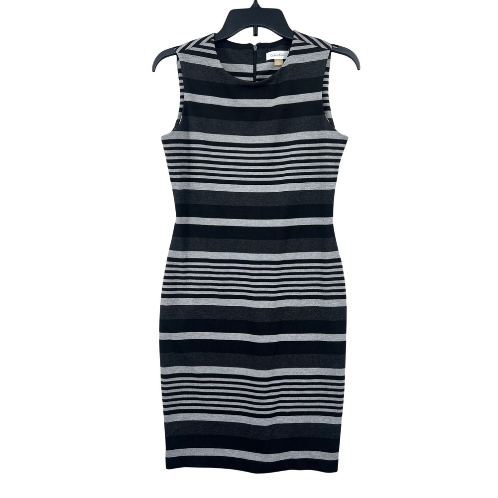 Calvin Klein Striped Sheath‎ Dress Womens 2 Black Grey Sleeveless Stretch Office